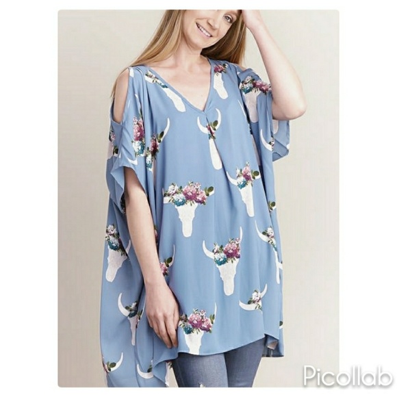 Baby Blue Floral Bull Head Cold Shoulder top - Picture 4 of 5